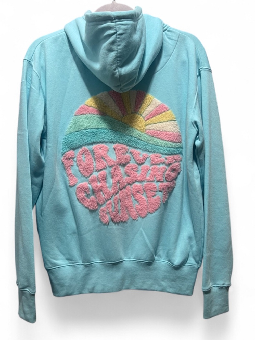 NWT Women’s Aqua Blue Zip-Up Hoodie with Sunset Graphic Size Large